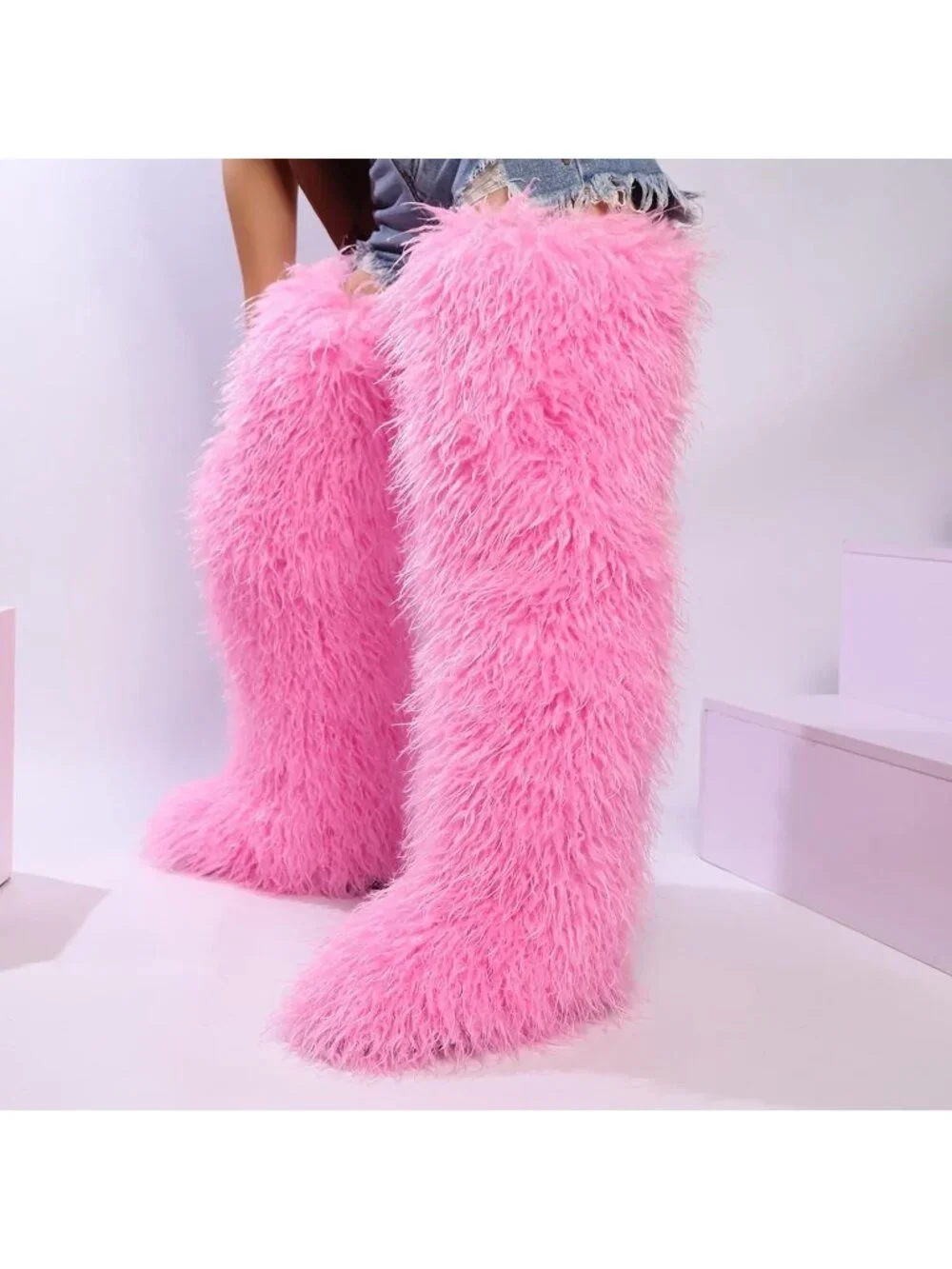 Women's Bright Pink Round Toe Comfort Over The Knee Fluffy Fur Thigh High Boots